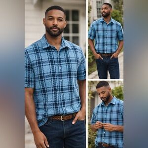 🔹 boohooMAN Blue Plaid Textured Short Sleeve Button Up Shirt Size L